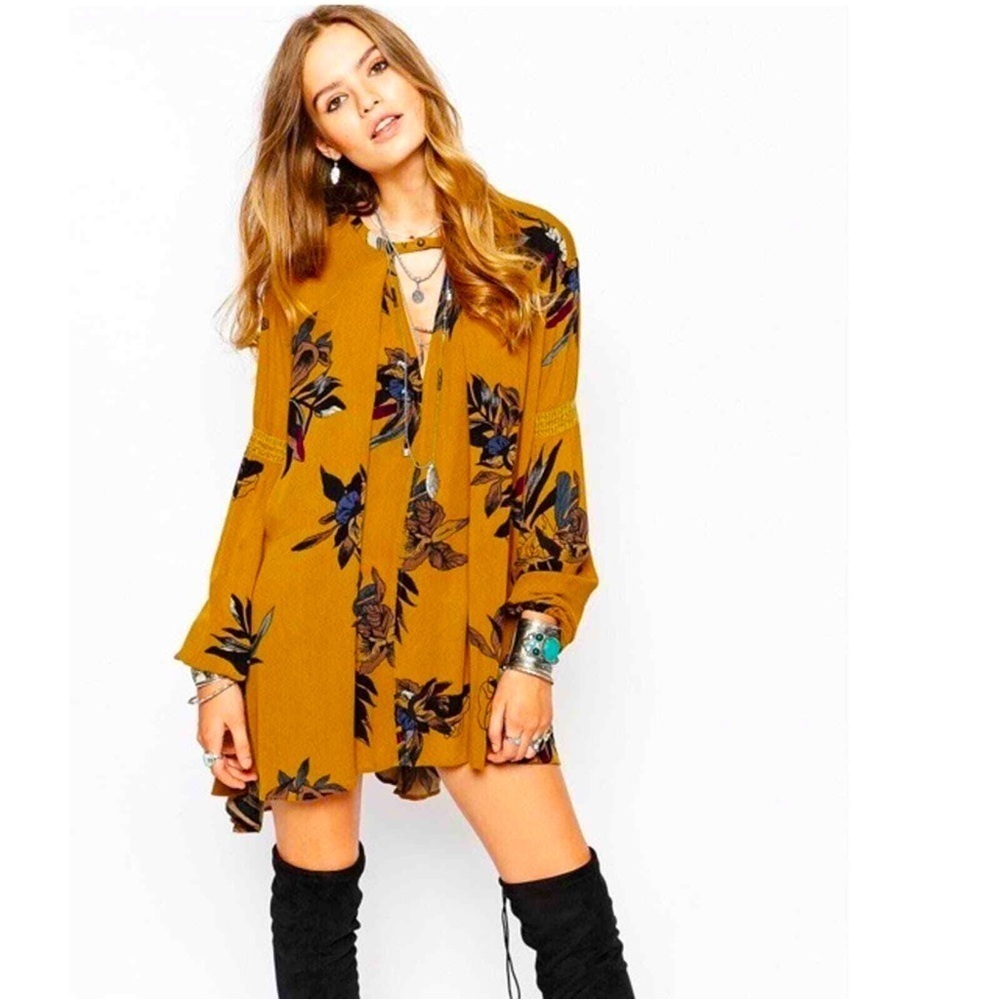 Free People Amber Floral Tree Swing Balloon Sleeve Boho Tunic Mini Dress XS